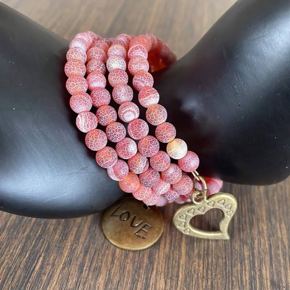 HAND CRAFTED BRACELET Red Pink Orange Snakeskin Agate Memory Stacked Lay… - Picture 7 of 7